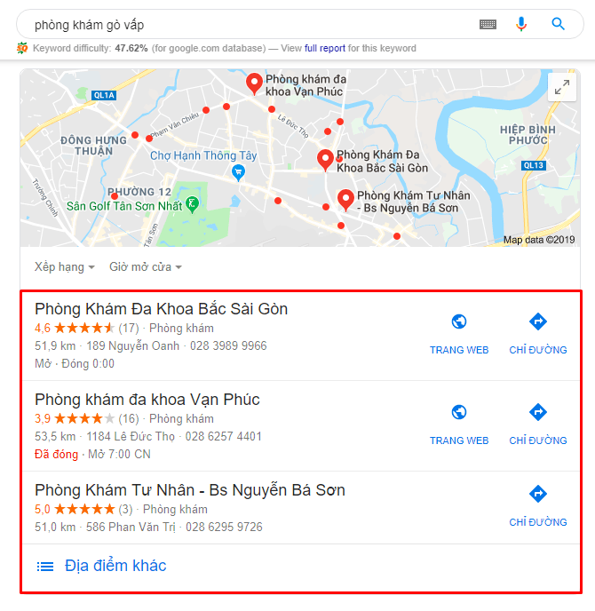 Kết quả của SEO Local khi tìm từ khóa phòng khám Gò Vấp