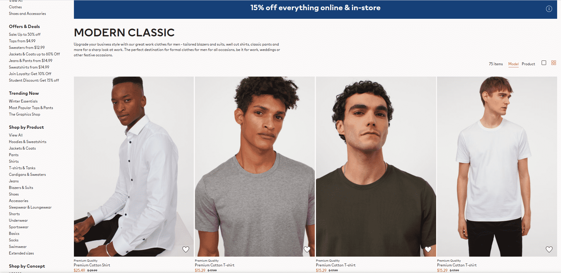 Giao diện trang danh mục sản phẩm của H&M đã được tối ưu hóa