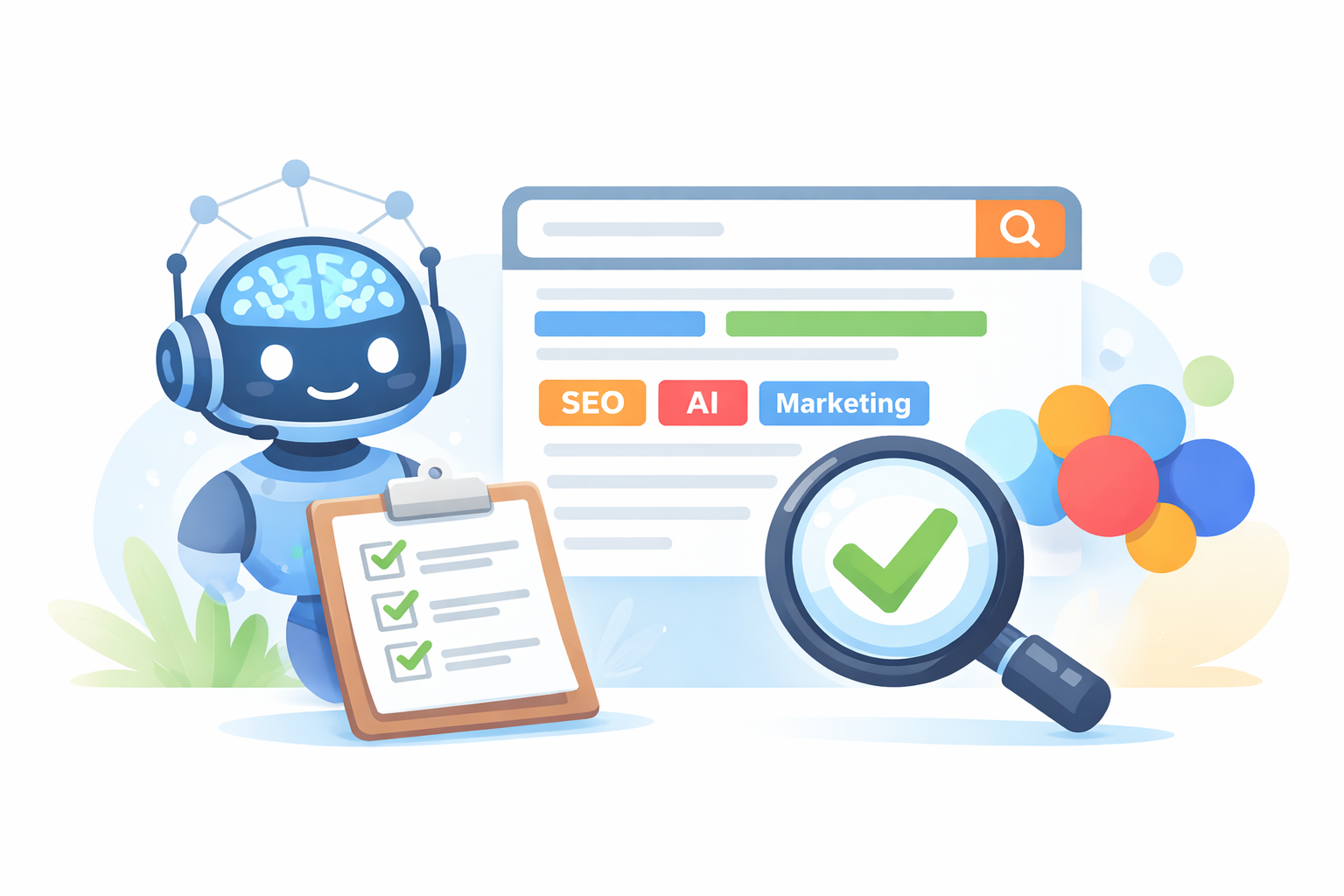 Minh hoạ AI hỗ trợ nhóm search intent và kiểm chứng bằng SERP với checklist và kính lúp