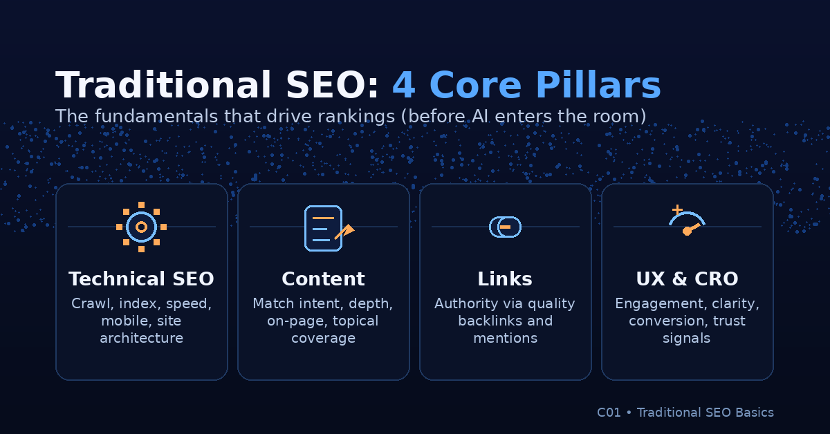 Infographic 4 trụ cột SEO truyền thống gồm Technical SEO, Content, Links và UX & CRO