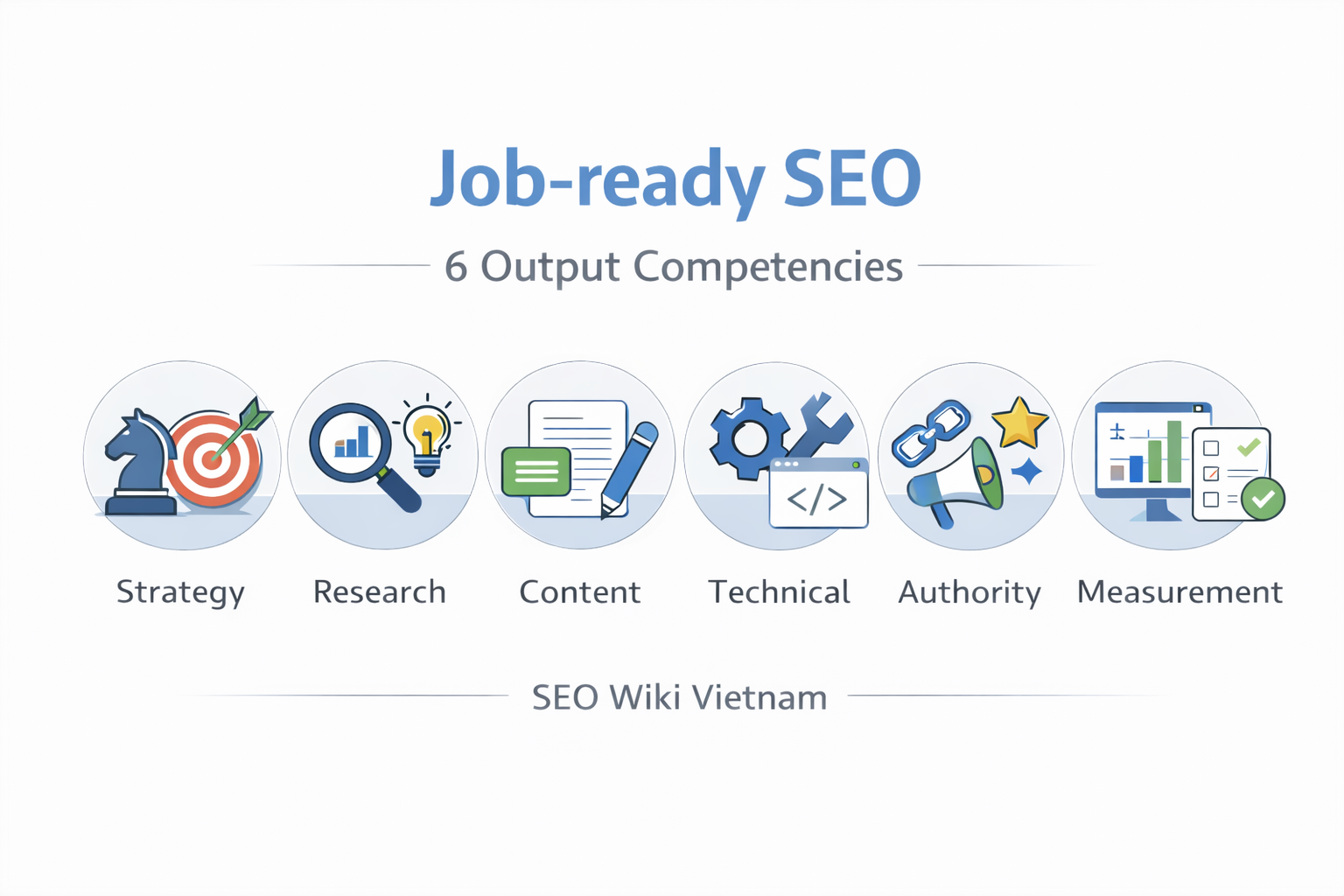 Infographic “Job-ready SEO” mô tả 6 năng lực đầu ra: Strategy, Research, Content, Technical, Authority, Measurement.