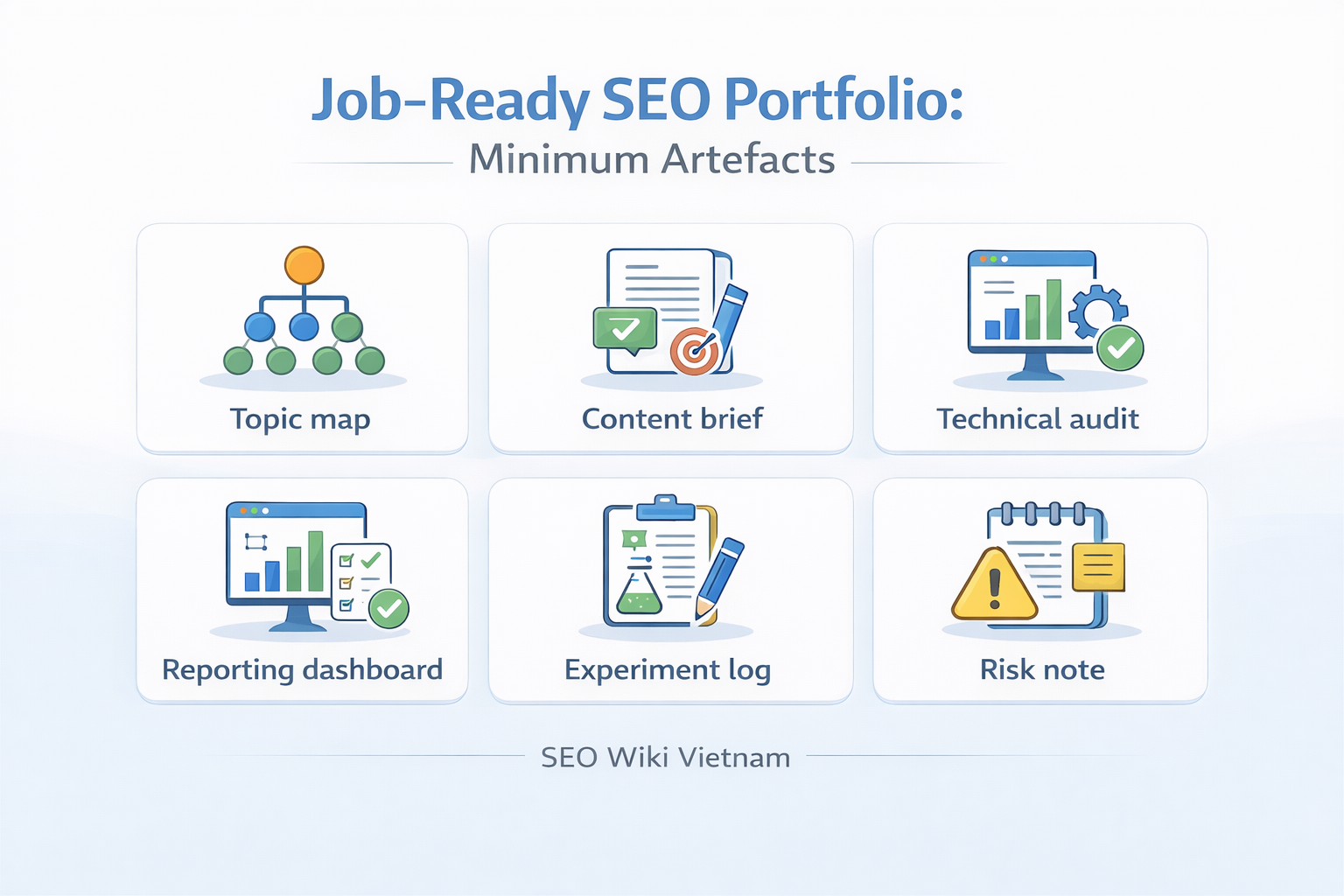 Job-Ready SEO Portfolio: Minimum Artefacts” gồm 6 artefact tối thiểu: Topic map, Content brief, Technical audit, Reporting dashboard, Experiment log, Risk note (SEO Wiki Vietnam).