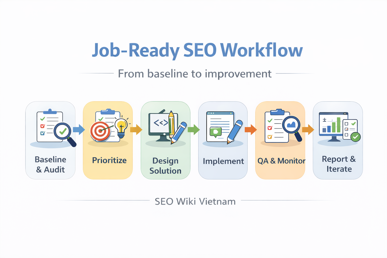 Infographic quy trình SEO job-ready theo dự án thật gồm 6 bước: Baseline & Audit, Prioritize, Design Solution, Implement, QA & Monitor, Report & Iterate.