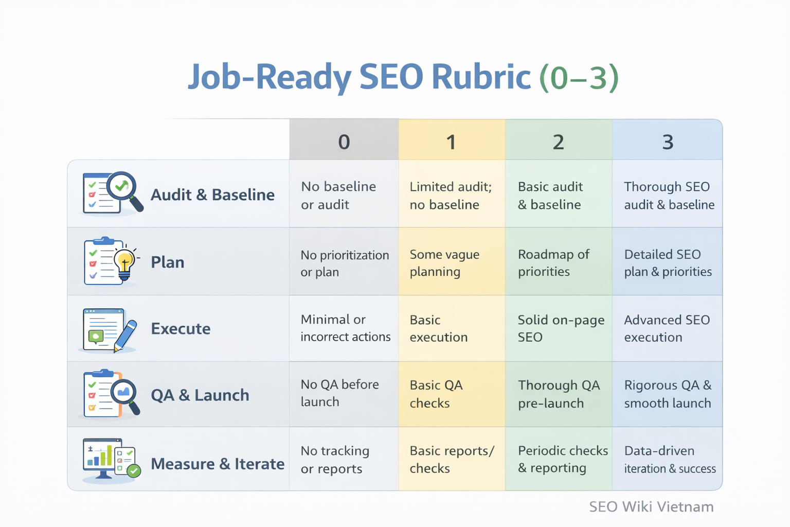 Infographic rubric đánh giá SEO job-ready theo thang 0–3 cho 5 giai đoạn: Audit & Baseline, Plan, Execute, QA & Launch, Measure & Iterate (SEO Wiki Vietnam).