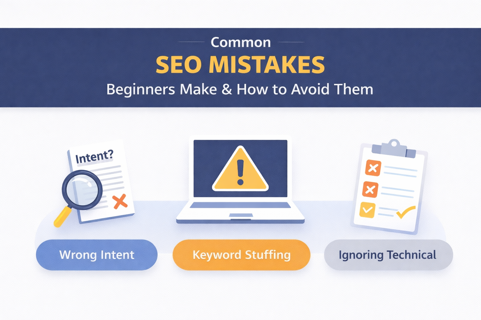 Minh hoạ các sai lầm SEO phổ biến của người mới và cách tránh (intent, nhồi từ khoá, technical).