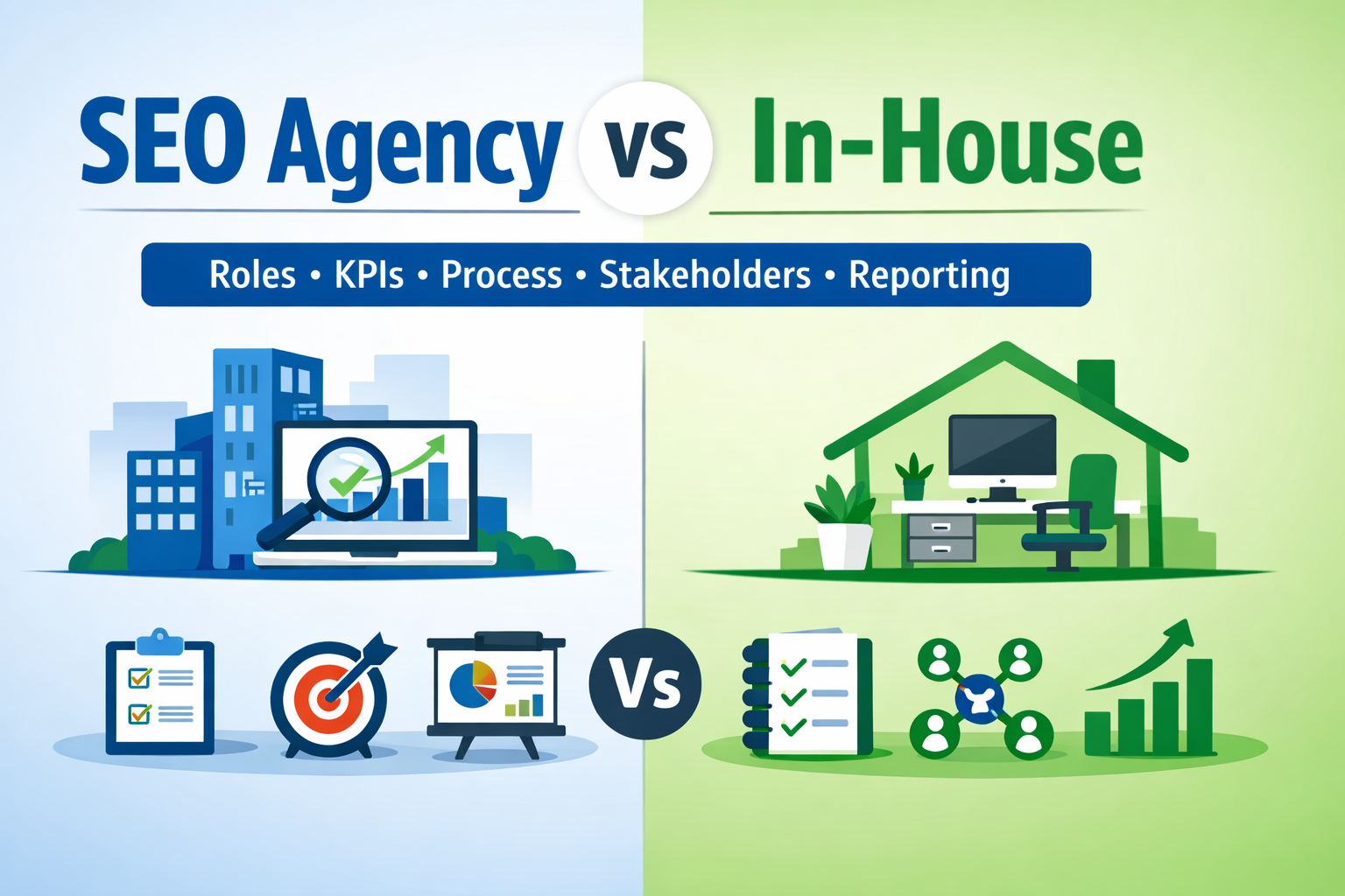 Ảnh minh hoạ so sánh SEO agency và SEO in-house về nhiệm vụ, KPI, quy trình, stakeholder và báo cáo