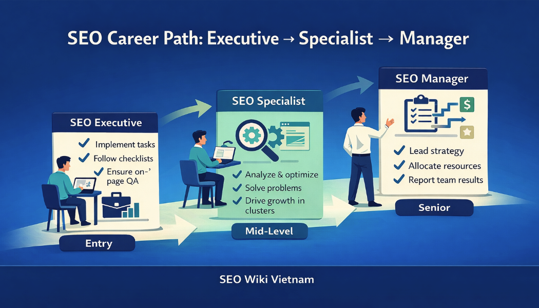 Sơ đồ lộ trình nghề SEO từ SEO Executive đến SEO Specialist và SEO Manager