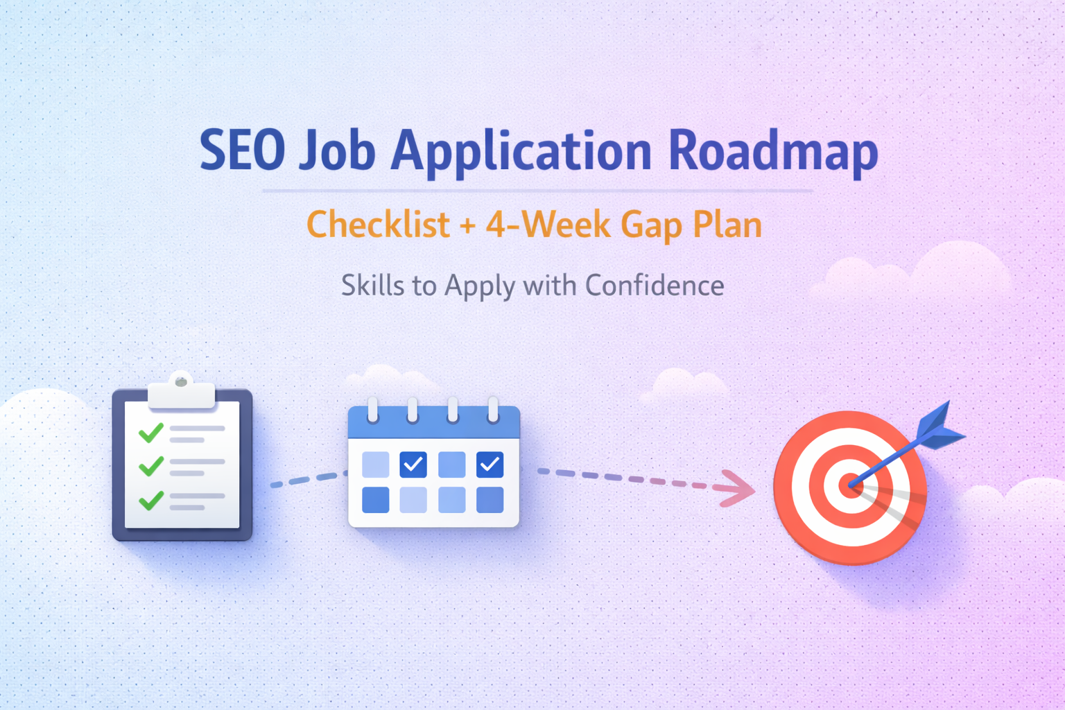 Banner lộ trình apply job SEO: checklist năng lực và kế hoạch bù gap 4 tuần với biểu tượng checklist, lịch 4 tuần và mục tiêu