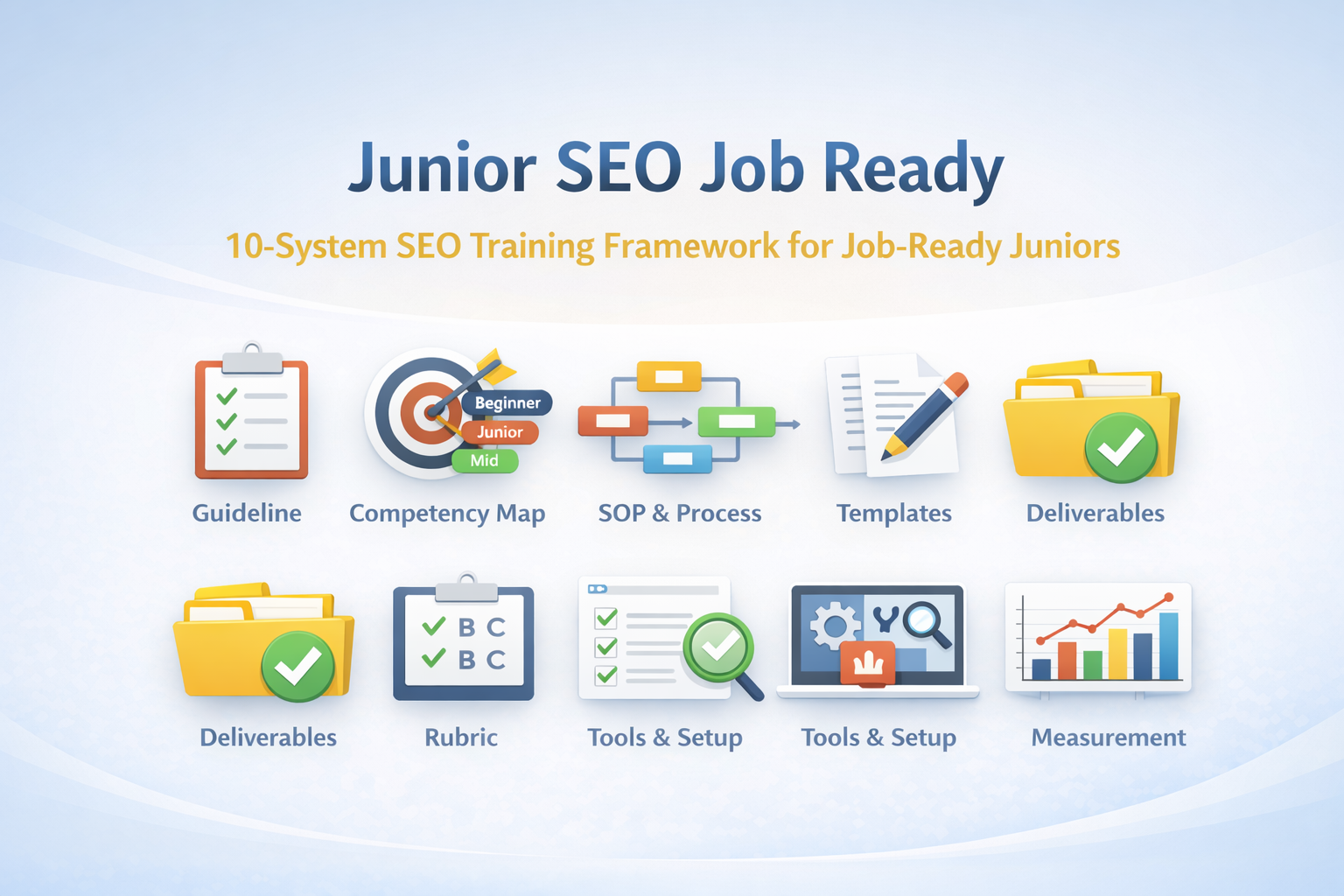 SEO Training Framework for “Junior SEO Job Ready” with key systems: guideline, competency map, SOP, templates, deliverables, rubric, tools & setup, measurement.