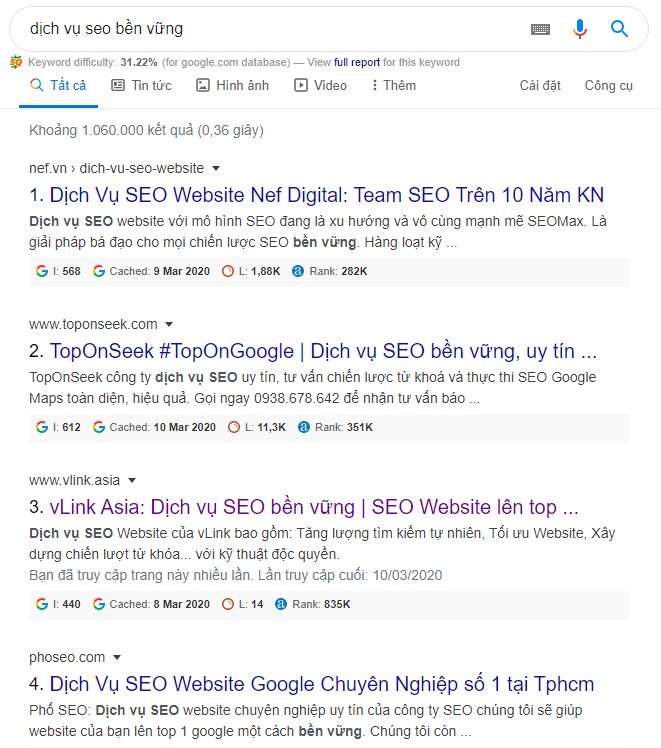 Công cụ SEO - Danh sách bài viết nổi bật top 10 Google cho từ khóa dịch vụ seo