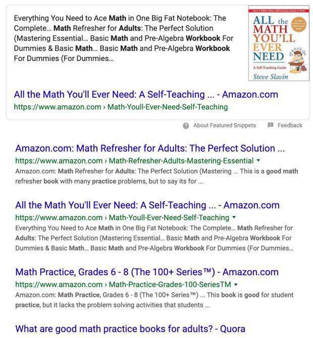 Các kết quả tìm kiếm hiện tại đối với truy vấn “math practice books for adults” (Nguồn ảnh: Internet)