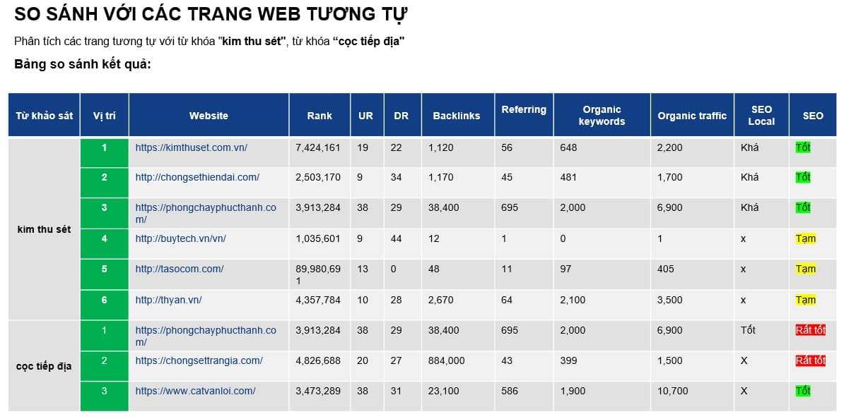 Phần phân tích các website tương tự trong bảng phân tích SEO ban đầu