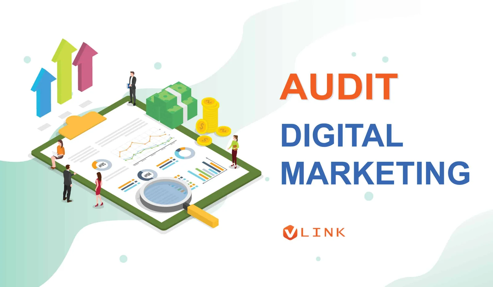 Minh hoạ audit digital marketing hiện đại: bảng dashboard trên tablet với biểu đồ, kính lúp và chỉ số tăng trưởng.