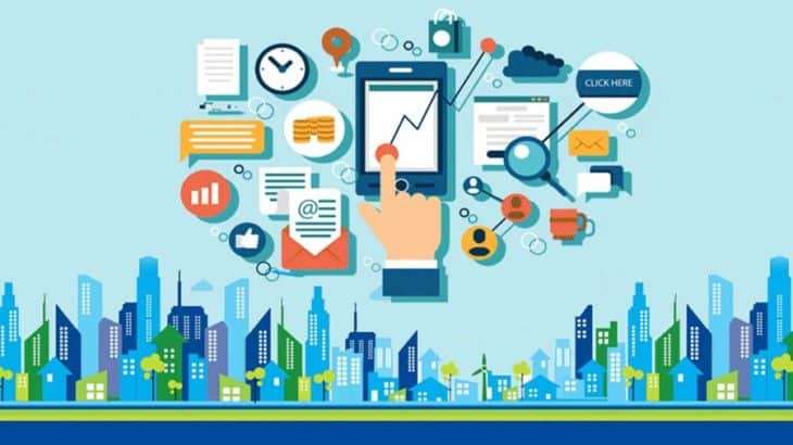 Đồ họa bàn tay cầm điện thoại giữa các biểu tượng marketing, phía dưới là dãy nhà cao tầng