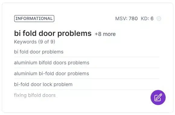 Bảng từ khóa cho cụm bi fold door problems, gắn nhãn Informational, lượng tìm 780, độ khó 6