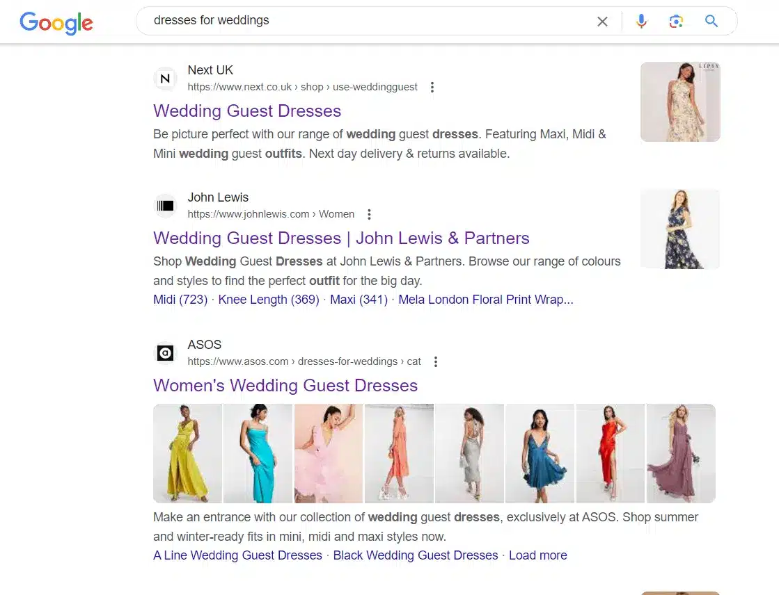 Trang kết quả Google cho truy vấn dresses for weddings, toàn trang danh mục sản phẩm