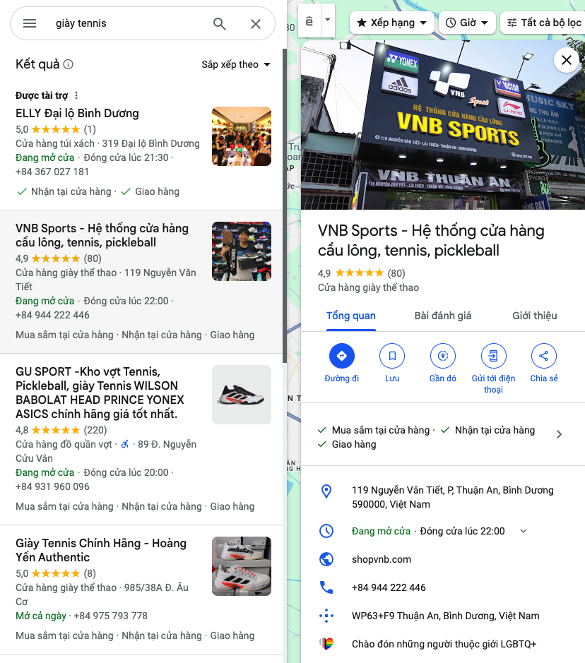 Kết quả tìm kiếm địa phương tại Bình Dương kèm hồ sơ doanh nghiệp Google của một cửa hàng thể thao