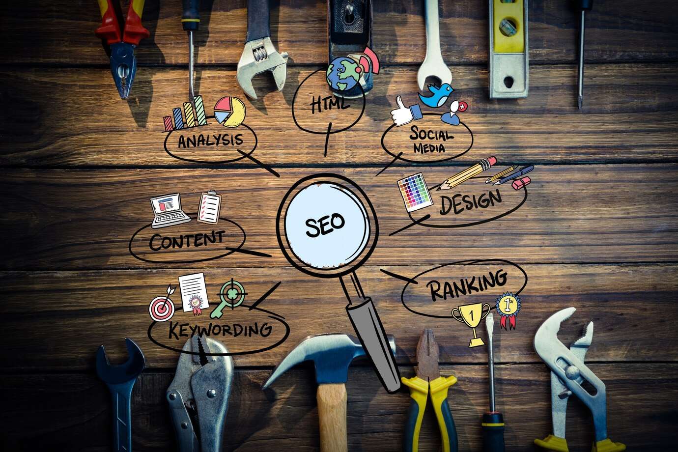 Bộ công cụ SEO cho website thương mại điện tử Bàn gỗ bày dụng cụ sửa chữa quanh chữ SEO trong kính lúp, kèm các nhánh nội dung, từ khóa, thứ hạng