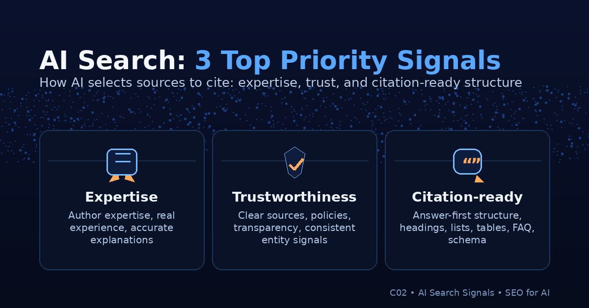 AI Search đổi cuộc chơi: infographic AI Search: 3 tín hiệu ưu tiên gồm Expertise, Trustworthiness và Citation-ready để AI…