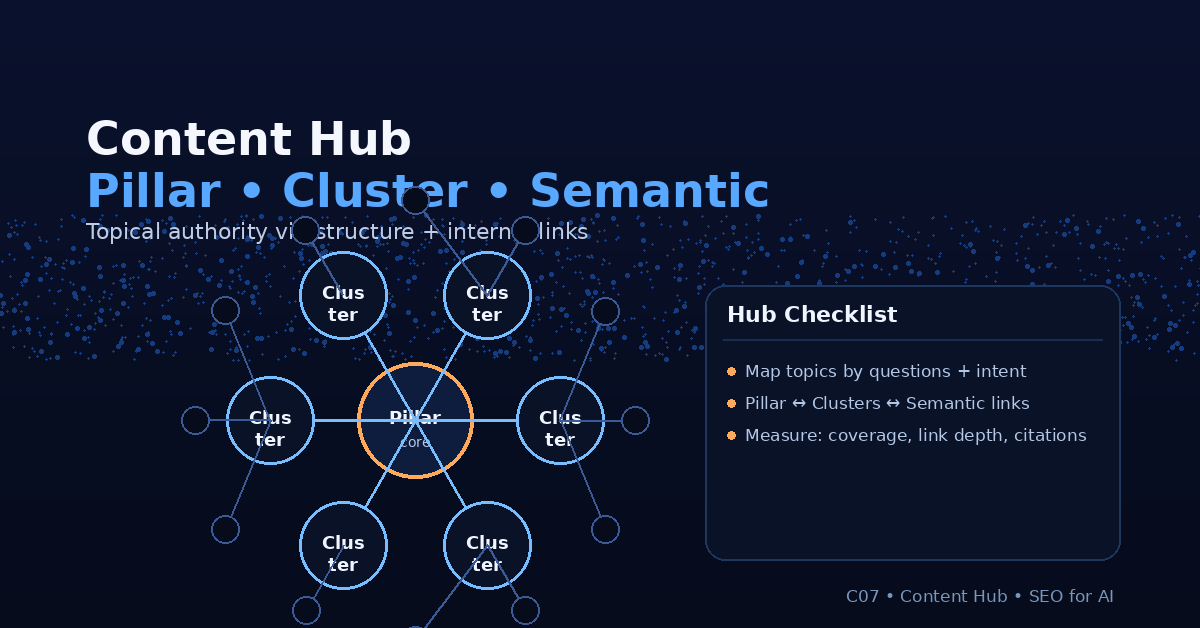 Mô hình Content Hub: infographic Content Hub: Pillar • Cluster • Semantic, mô hình xây topical authority bằng cấu trúc và…