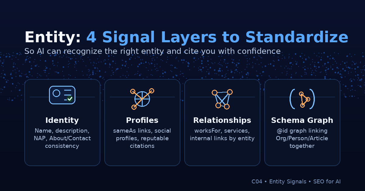 Entity SEO cho AI: infographic Entity: 4 lớp tín hiệu cần chuẩn hoá (Identity, Profiles, Relationships, Schema Graph) để AI…