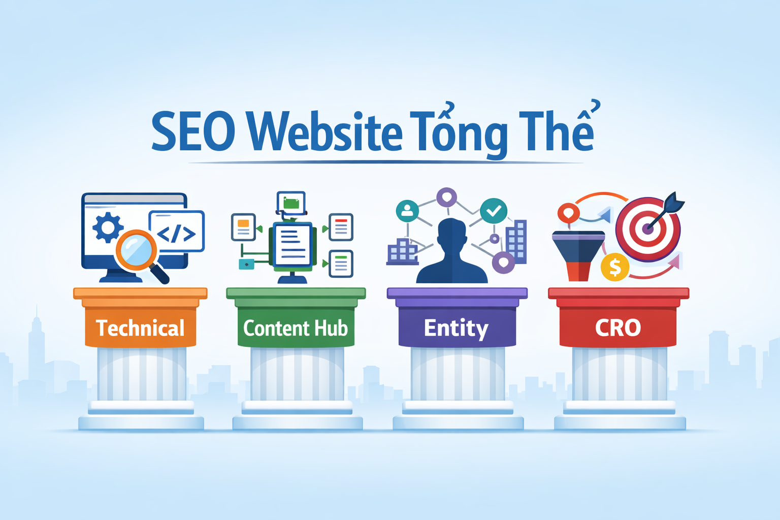 SEO là đầu tư dài hạn: sEO Website Tổng Thể với 4 trụ cột: Technical, Content Hub, Entity, CRO