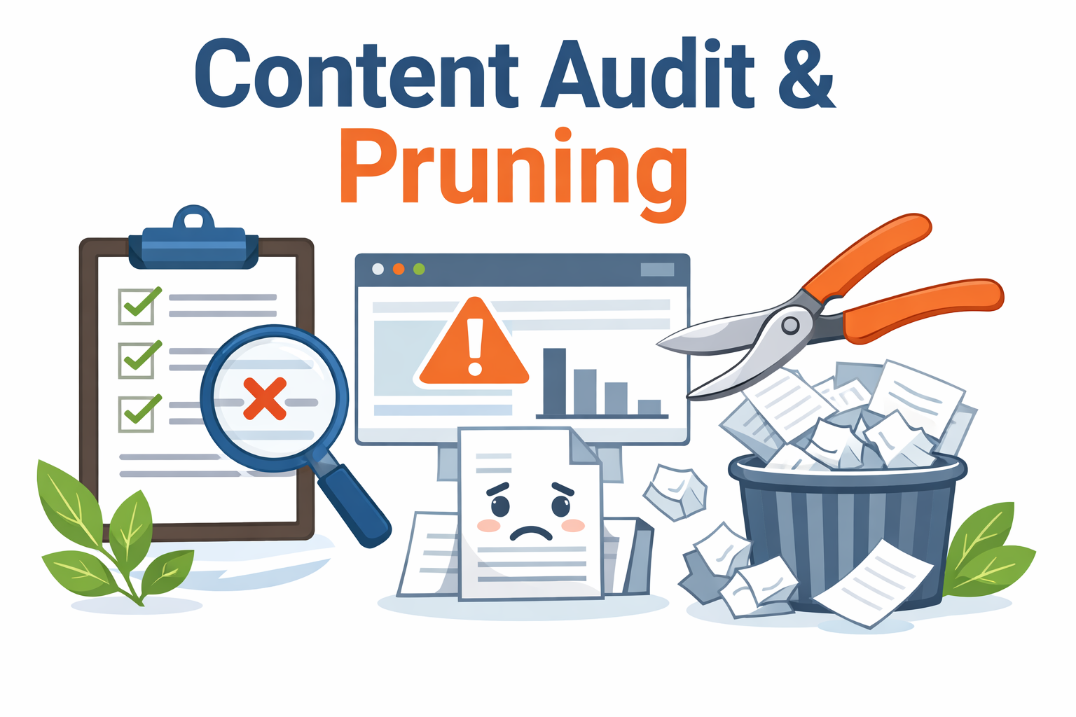 Minh hoạ Content Audit & Pruning: kiểm kê nội dung, phát hiện thin content và gộp hoặc loại bỏ URL kém chất lượng