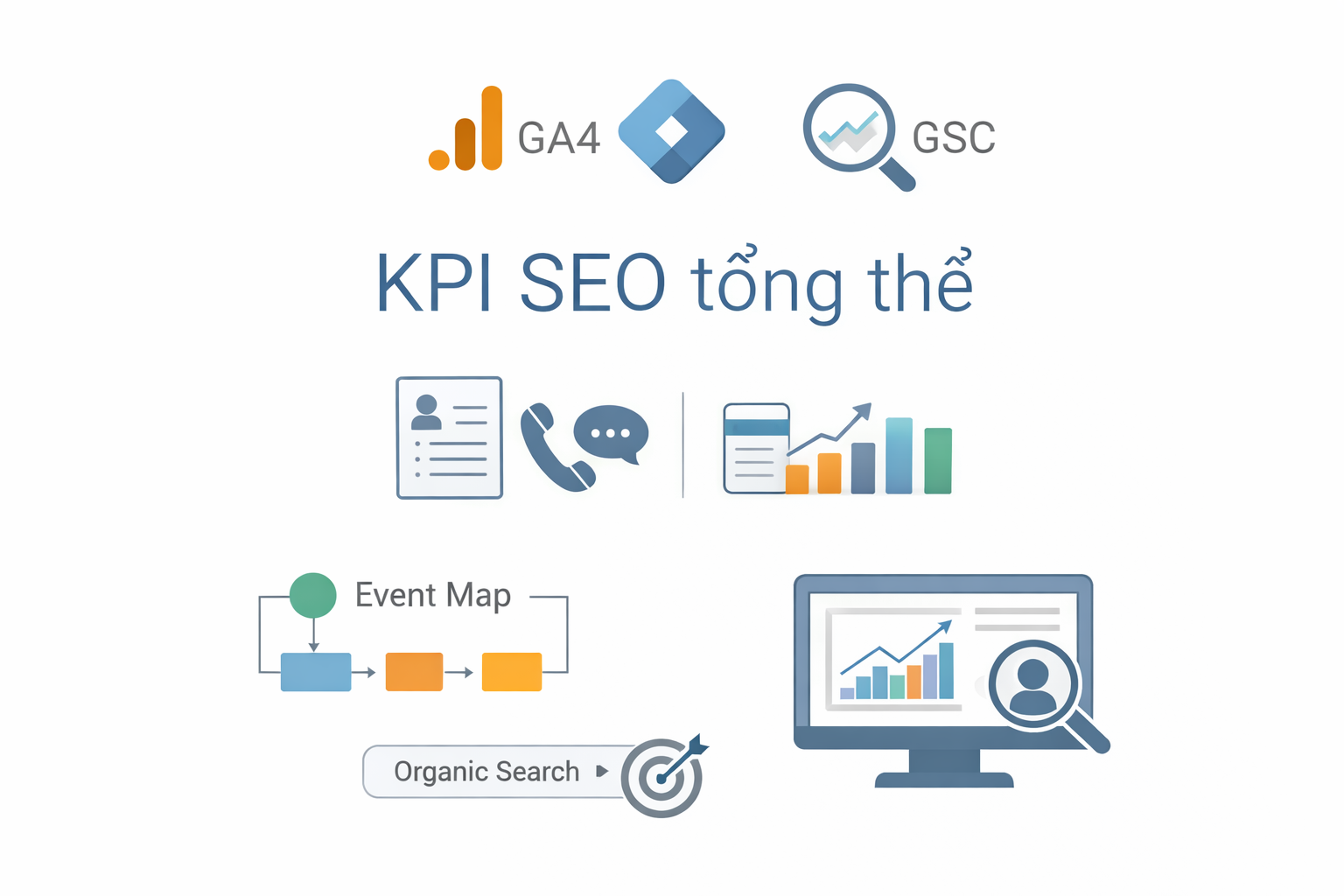 Infographic KPI SEO tổng thể giúp đo lead, cuộc gọi và form từ SEO bằng GA4, GTM và Google Search Console