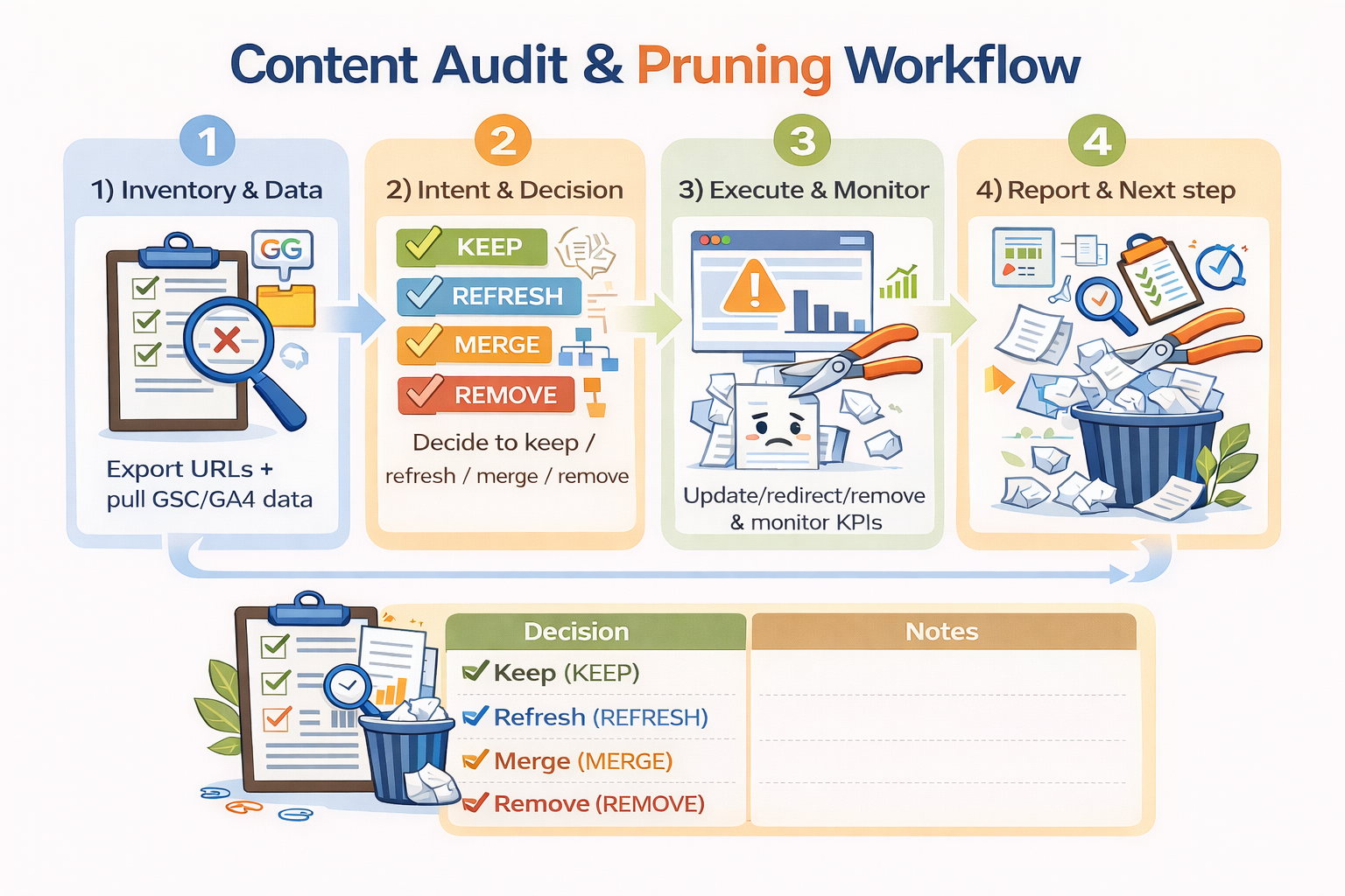 Content Audit & Pruning workflow infographic showing 4 steps: Inventory & Data, Intent & Decision, Execute & Monitor, and Report & Next step.
