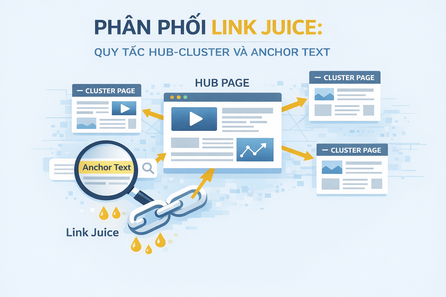 Sơ đồ Hub-Cluster minh họa phân phối giá trị liên kết bằng liên kết nội bộ và anchor text
