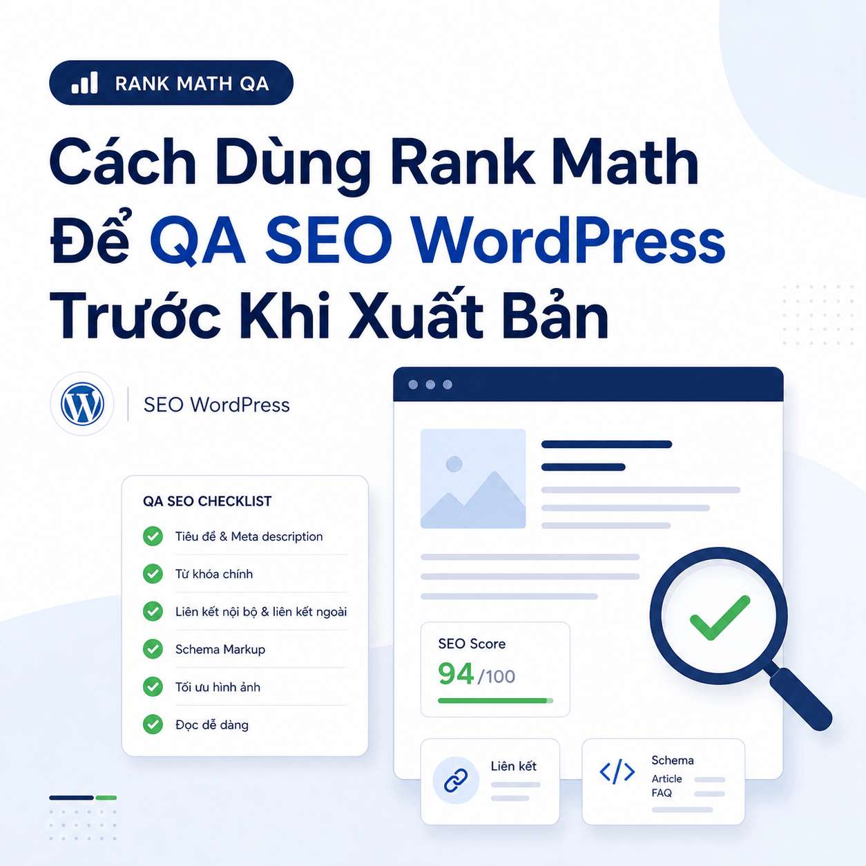 Minh họa quy trình QA SEO WordPress bằng Rank Math trước khi xuất bản