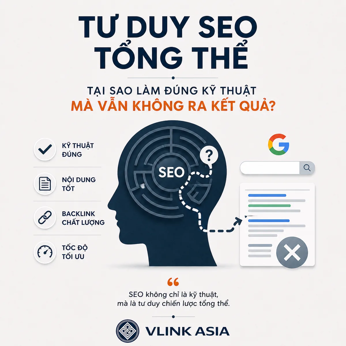 Tư duy SEO tổng thể giải thích vì sao làm đúng kỹ thuật SEO nhưng website vẫn không ra kết quả