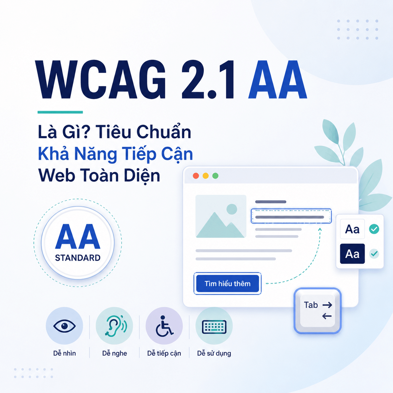 Minh họa WCAG 2.1 AA với giao diện web dễ tiếp cận, biểu tượng dễ nhìn, dễ nghe, dễ sử dụng và hỗ trợ điều hướng bằng bàn…