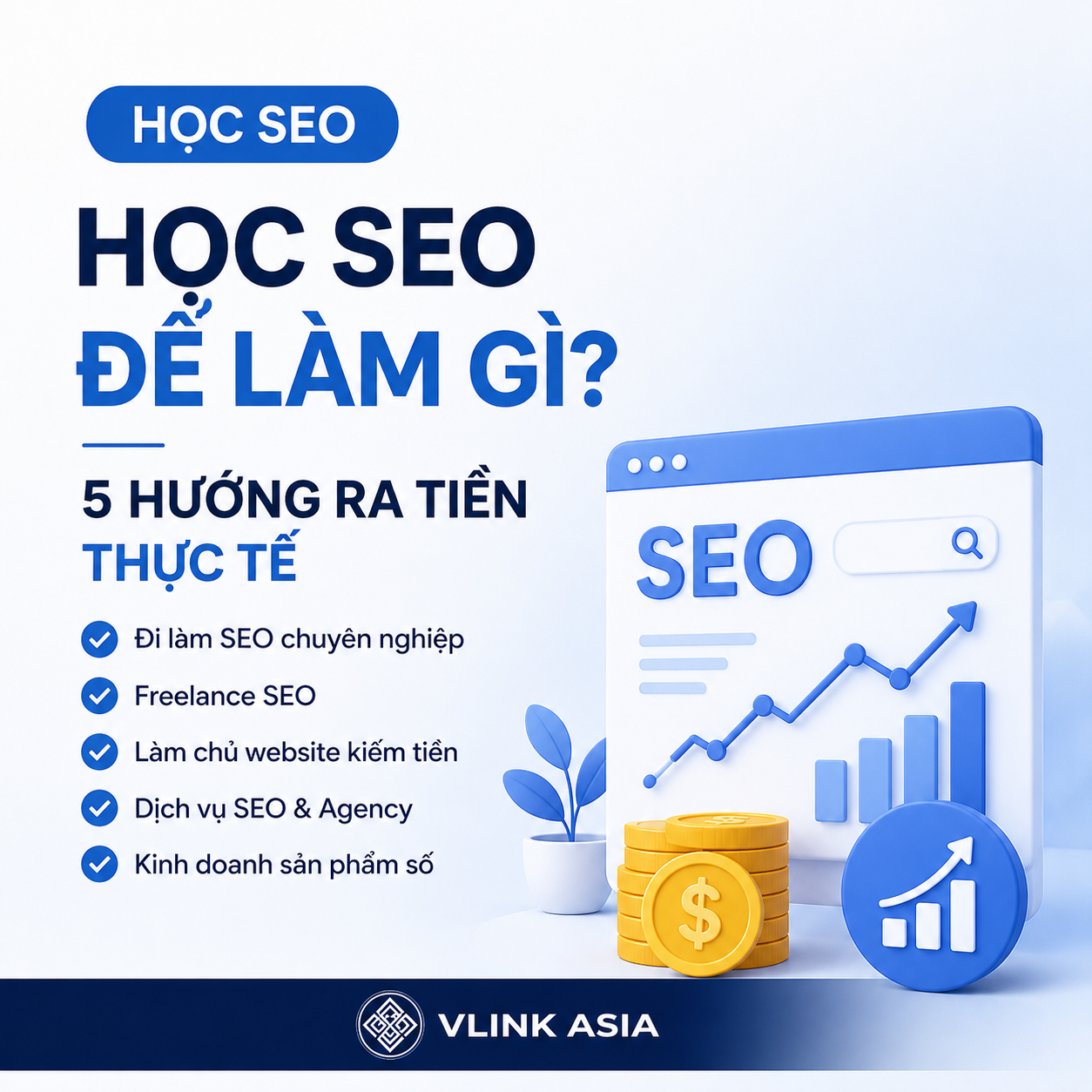 Học SEO Để Làm Gì: sơ đồ 5 hướng ra tiền từ kỹ năng SEO tại Việt Nam năm 2025
