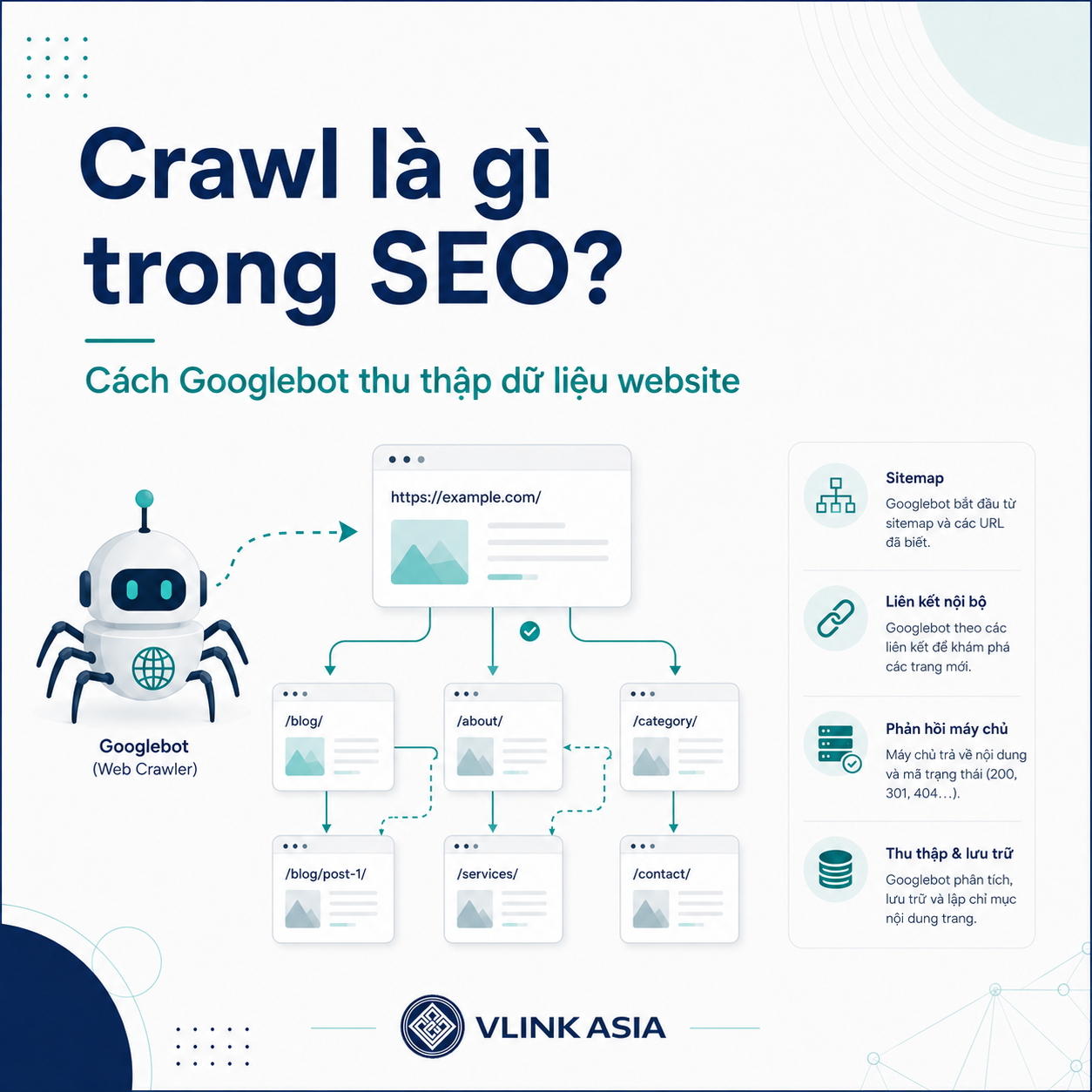 Crawl trong SEO - Minh họa Googlebot crawl website qua URL, sitemap, robots.txt và liên kết nội bộ trong SEO