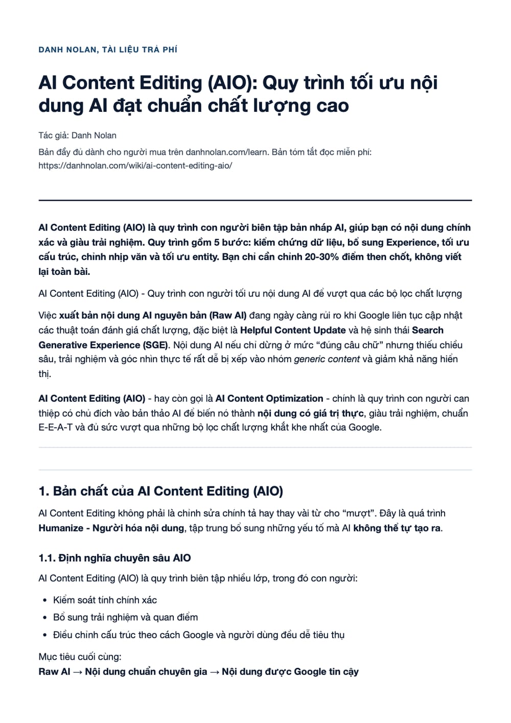 Trang 1 bản PDF của tài liệu AI Content Editing (AIO): Quy trình tối ưu nội dung AI đạt chuẩn chất