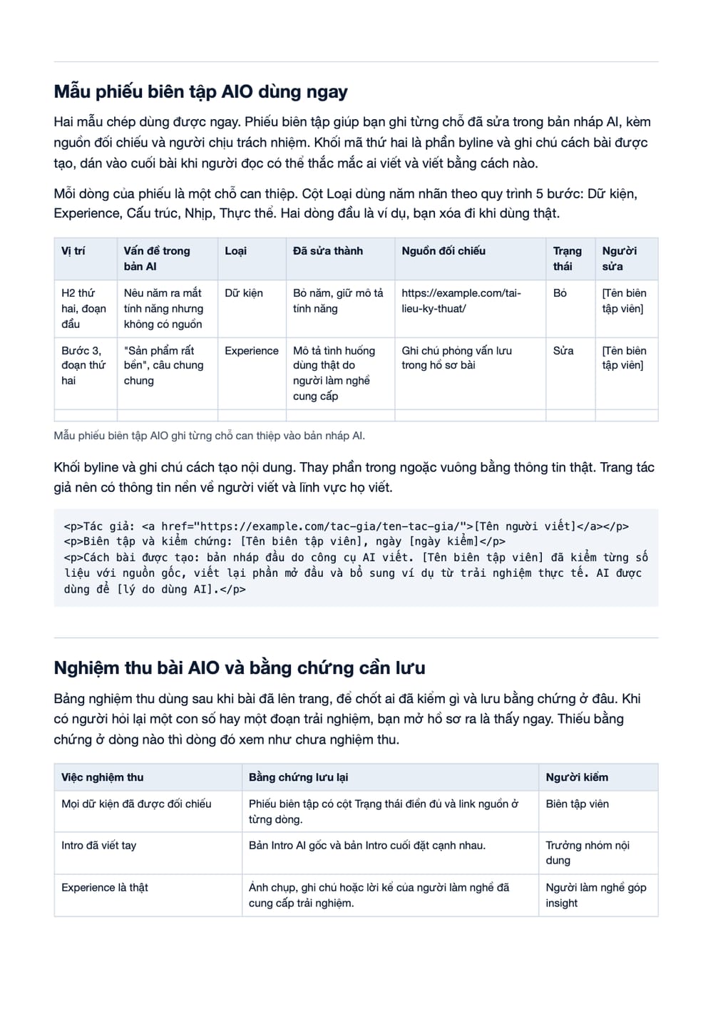 Trang 18 bản PDF của tài liệu AI Content Editing (AIO): Quy trình tối ưu nội dung AI đạt chuẩn chất, phần có bảng