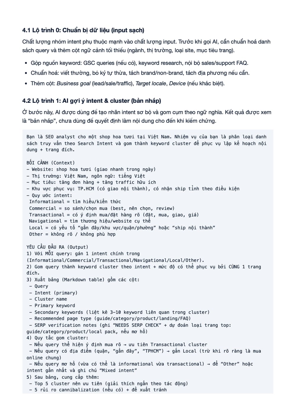 Trang 5 bản PDF của tài liệu AI theo lộ trình: Nhóm intent có kiểm chứng cho Junior SEO, phần có bảng