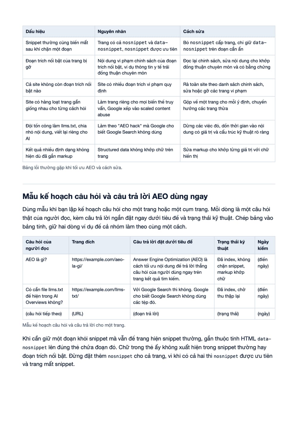 Trang 32 bản PDF của tài liệu Answer Engine Optimization (AEO): Tương Lai của SEO Trong Thời Đại AI, phần có bảng