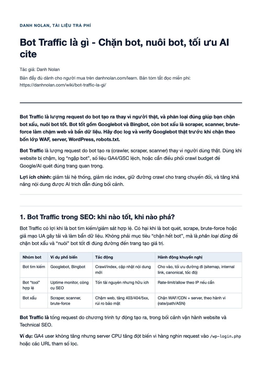 Trang 1 bản PDF của tài liệu Bot Traffic là gì - Chặn bot, nuôi bot, tối ưu AI cite