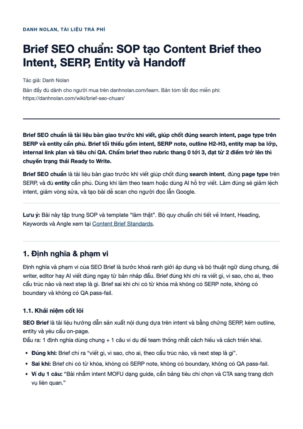 Trang 1 bản PDF của tài liệu Brief SEO chuẩn: SOP tạo Content Brief theo Intent, SERP, Entity và