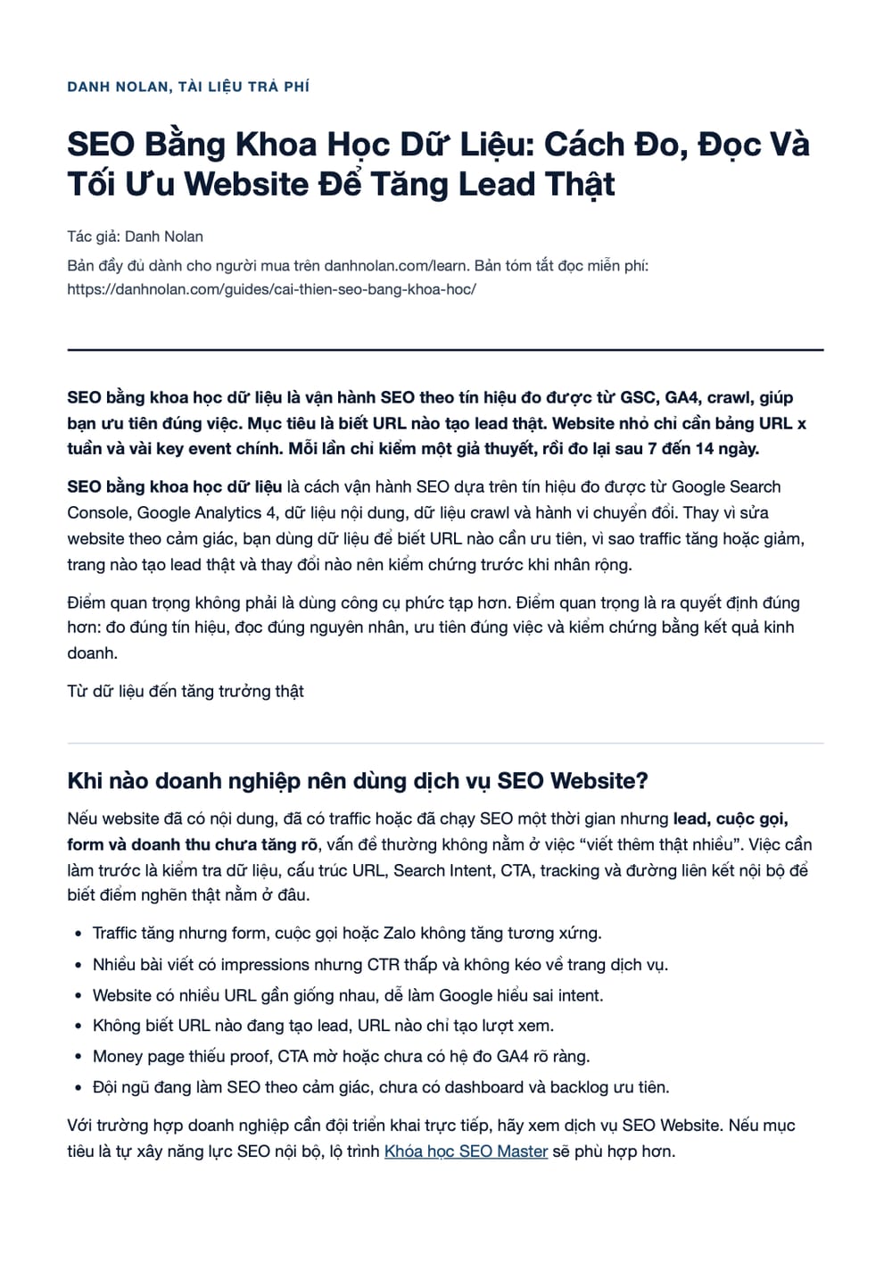 Trang 1 bản PDF của tài liệu SEO Bằng Khoa Học Dữ Liệu: Cách Đo, Đọc Và Tối Ưu Website Để Tăng
