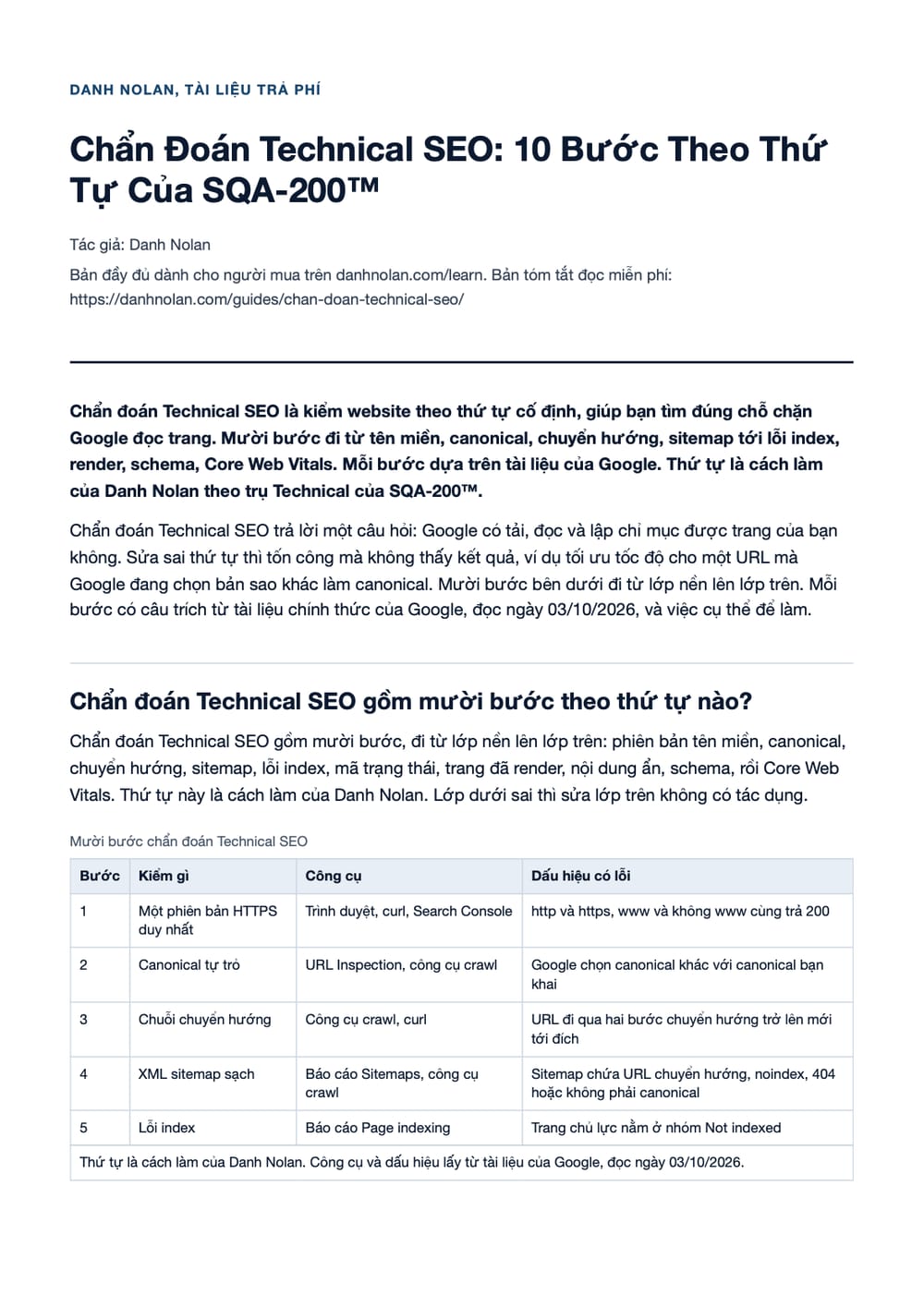 Trang 1 bản PDF của tài liệu Chẩn Đoán Technical SEO: 10 Bước Theo Thứ Tự Của SQA-200™
