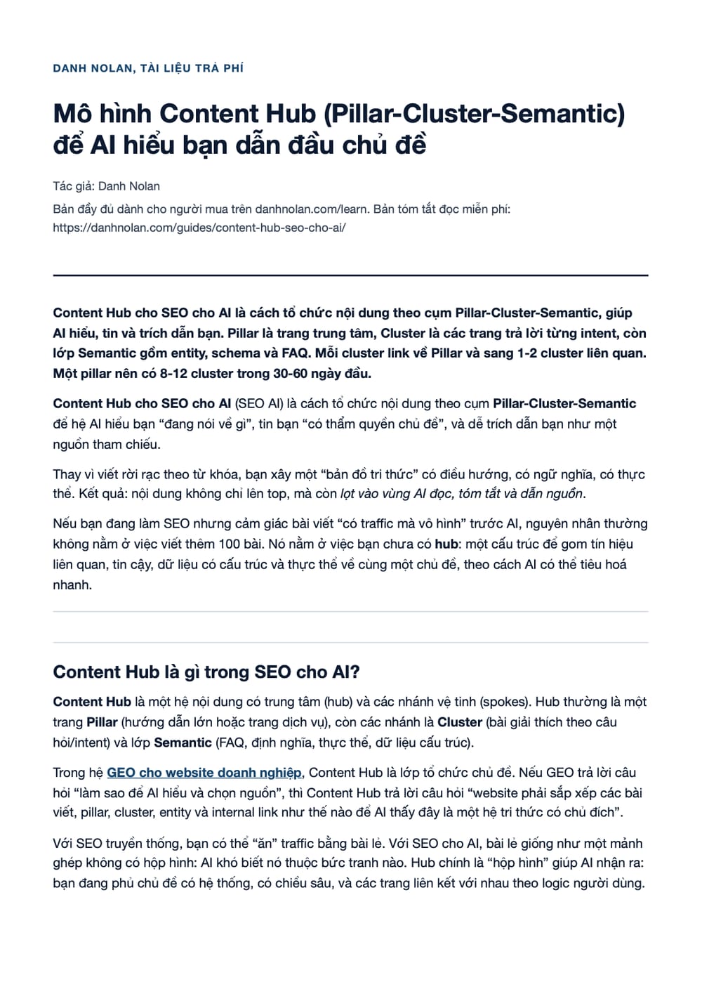 Trang 1 bản PDF của tài liệu Mô hình Content Hub (Pillar-Cluster-Semantic) để AI hiểu bạn dẫn đầu Trang 1 bản PDF của tài liệu Mô hình Content Hub (Pillar-Cluster-Semantic) để AI hiểu bạn dẫn đầu