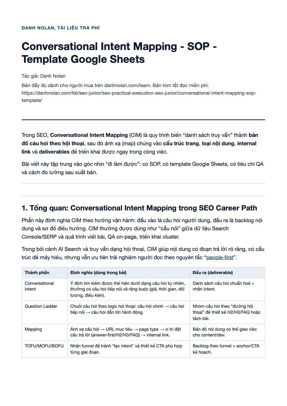 Trang 1 bản PDF của tài liệu Conversational Intent Mapping - SOP - Template Google Sheets