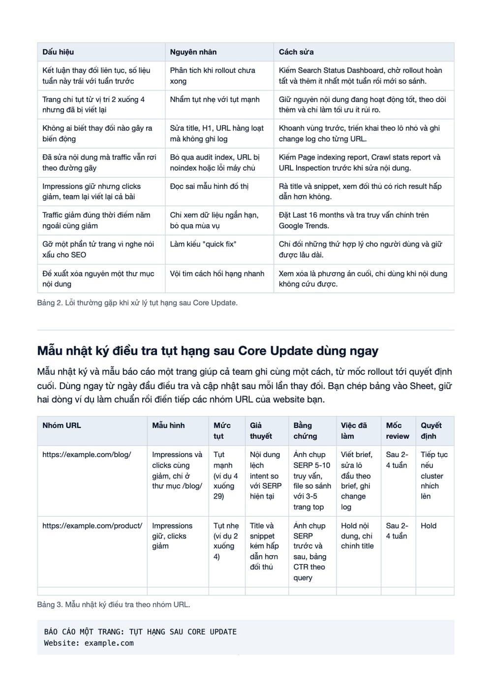 Trang 19 bản PDF của tài liệu Google Core Update: Workflow xử lý tụt hạng cho người đi làm, phần có bảng