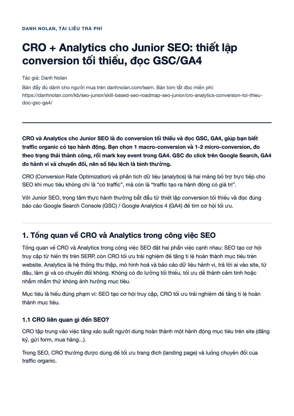 Trang 1 bản PDF của tài liệu CRO + Analytics cho Junior SEO: thiết lập conversion tối thiểu, đọc