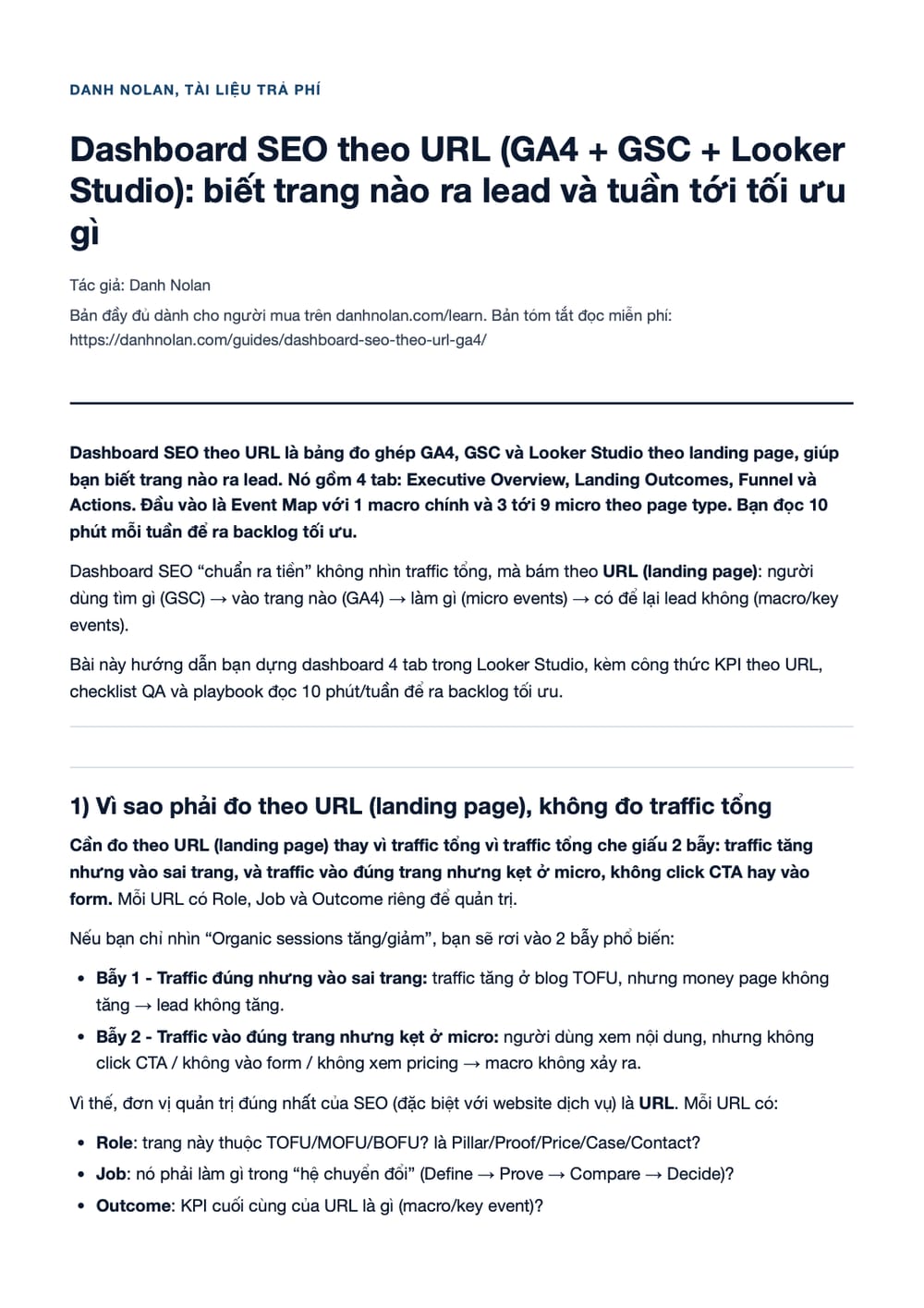Trang 1 bản PDF của tài liệu Dashboard SEO theo URL (GA4 + GSC + Looker Studio): biết trang nào ra