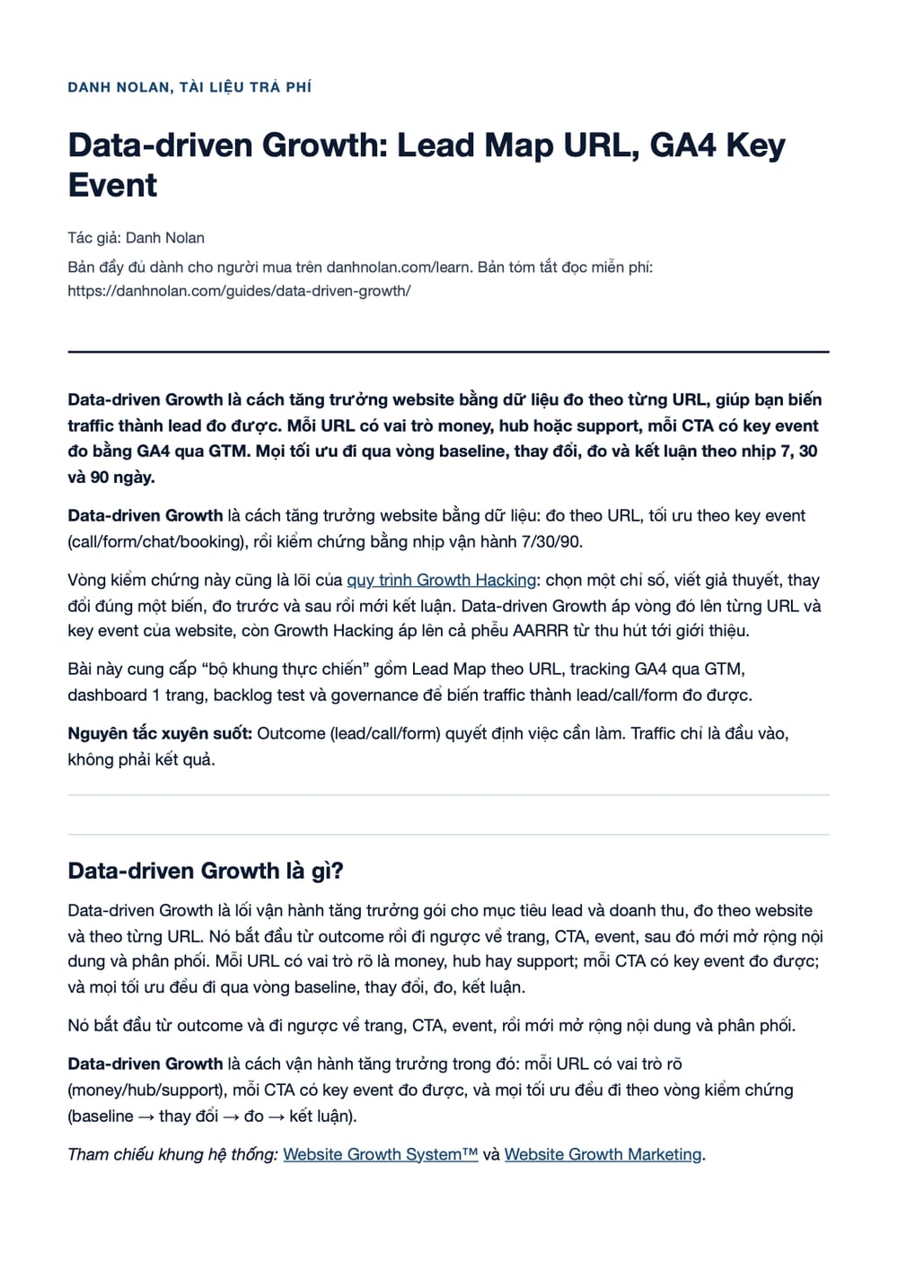 Trang 1 bản PDF của tài liệu Data-driven Growth: Lead Map URL, GA4 Key Event