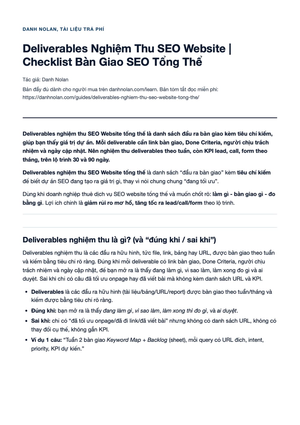 Trang 1 bản PDF của tài liệu Deliverables Nghiệm Thu SEO Website | Checklist Bàn Giao SEO Tổng Thể